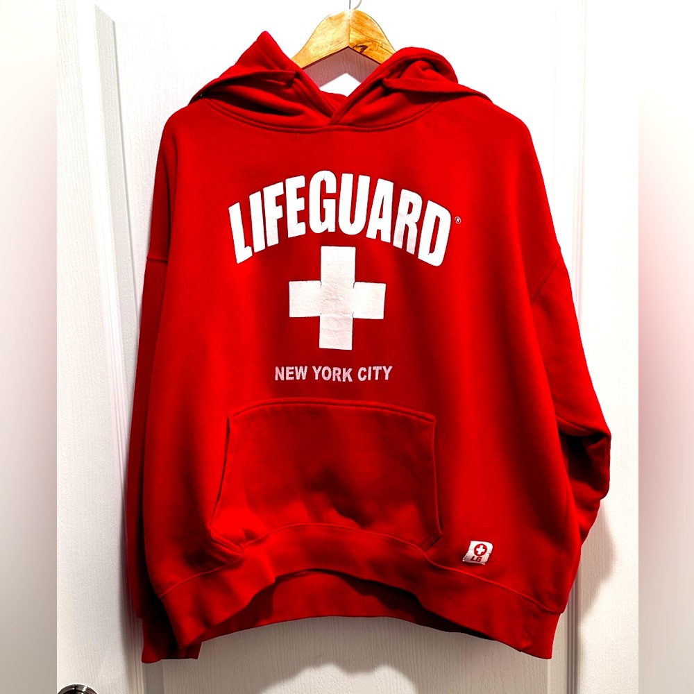 Vintage Official Lifeguard Red Hoodie New York City Hooded Sweatshirt - Size XL